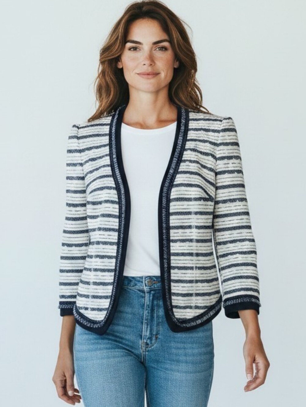 White House Black Market Blazer Womens 4 Navy Ivory Striped Tweed 3/4 Sleeve